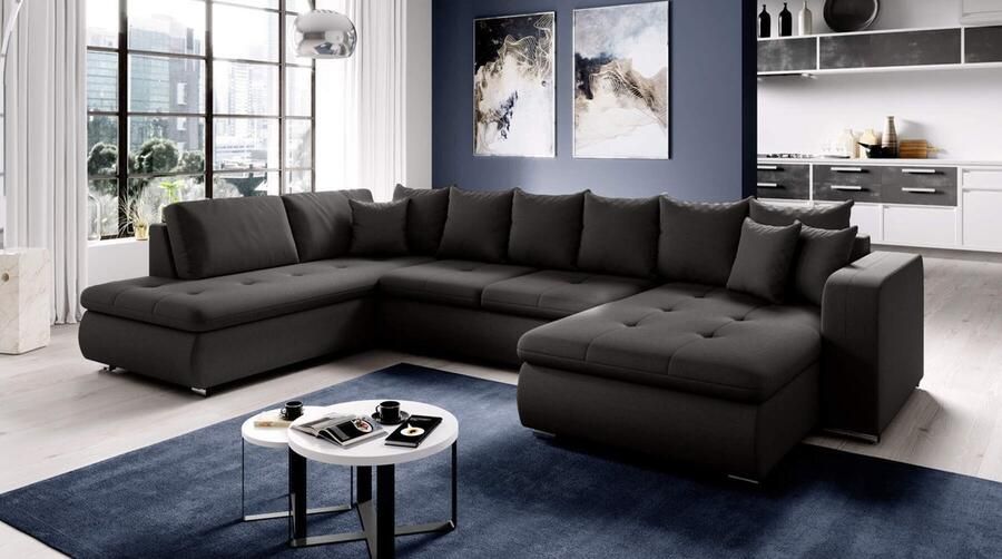 Geen merk Hoekbank Fador U Met Bedfunctie Antraciet Zwart Hoeksalon met Slaapfunctie wooneiland
