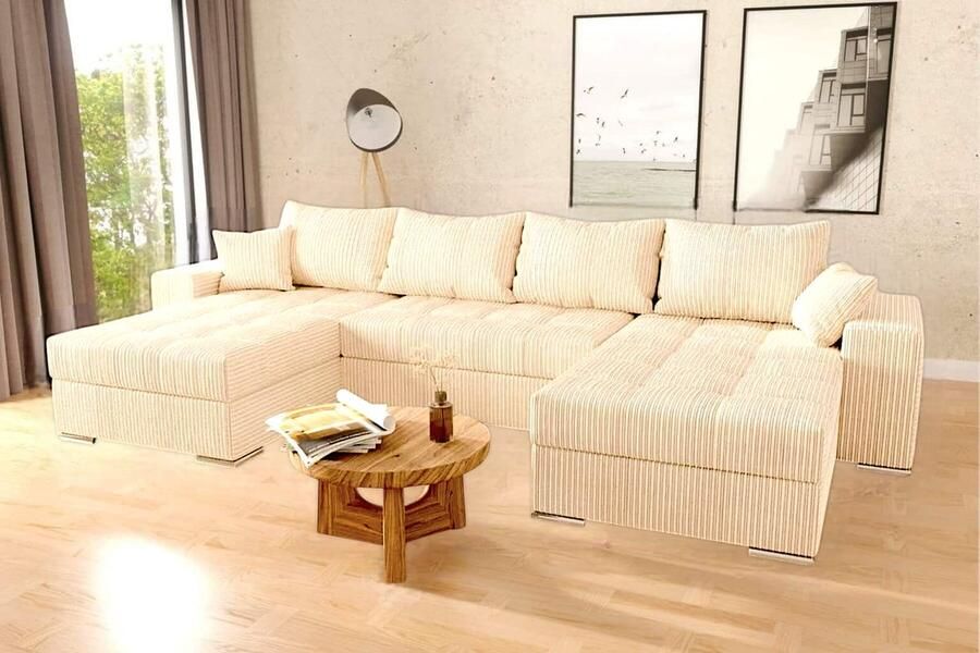 Geen merk Hoekbank Josua U Ribstof Corduroy Beige Hoeksalon met bed en opbergruimte Wooneiland zetel