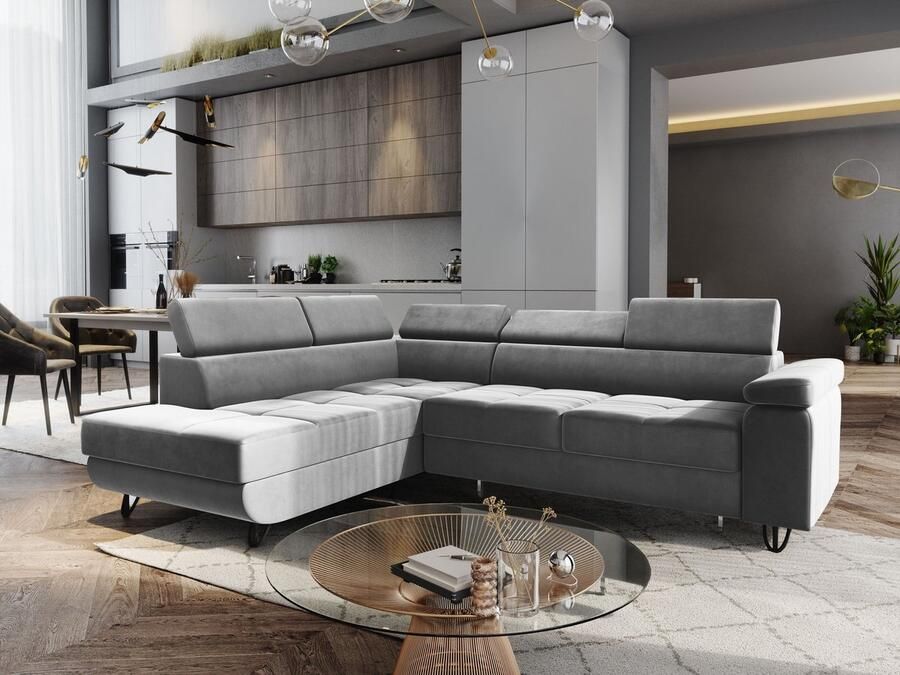 Geen merk Hoekbank Junior Grijs stof Met bed en opbergruimte Lounge ( longchair ) Links Hoeksalon slaapfunctie en opberging zetelsenbedden - Foto 2