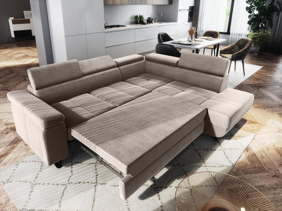 Geen merk Hoekbank Junior Velvet Taupe Rechts Hoeksalon met slaapfunctie en opbergruimte Zetelsenbedden - Foto 2