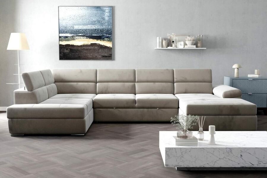 Geen merk Hoekbank Lazaro Velvet Hoeksalon met bed en opbergruimte Zetelsenbedden wooneiland hoekzetel met dubbele opbergruimte en slaapfunctie