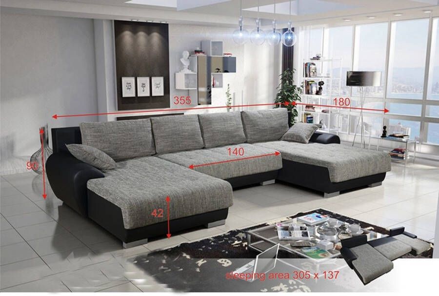 Zetelsenbedden.be Hoekbank Leon U wooneiland Zwart grijs Hoeksalon met slaapfunctie en opbergruimte xl