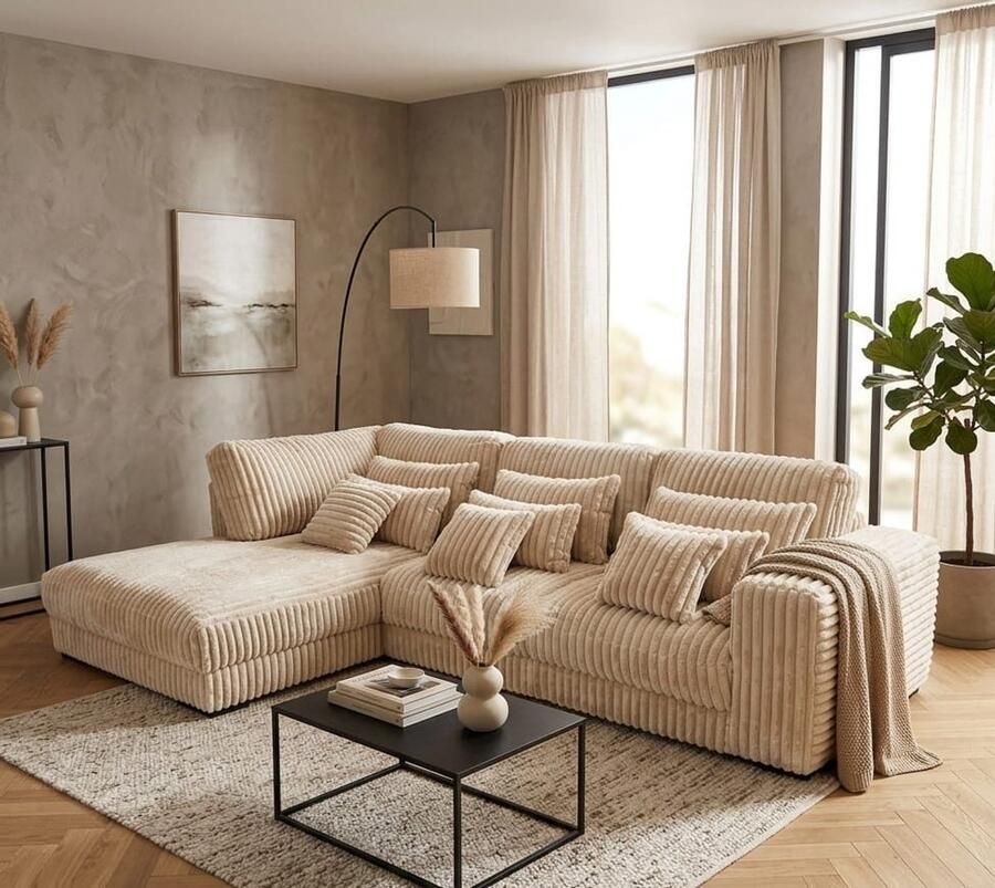 Zetelsenbedden.be hoekbank mana- lounge links- beige ultra dikke ribstof hoeksalon beige