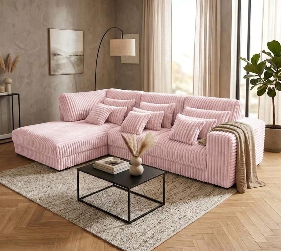 Zetelsenbedden.be hoekbank mana- lounge links- ultra dikke ribstof pink- hoeksalon roze
