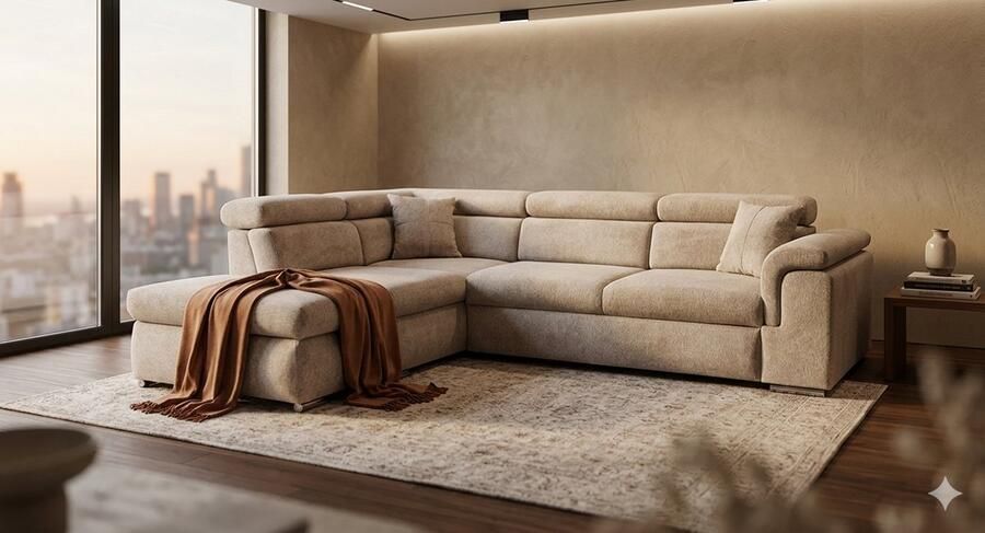 Geen merk hoekbank salo beige taupe lounge links- met slaapfunctie- hoeksalon met bed en opbergruimte zetel - Foto 2