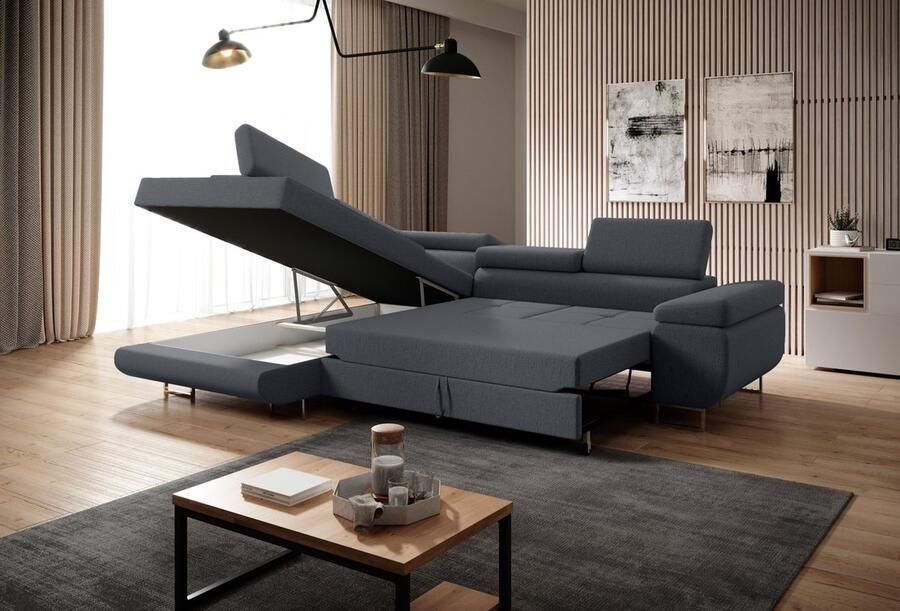 Geen merk Hoekbank Sella Links hoeksalon met bed en opbergruimte Hoekzetel Opberging en slaapfunctie Donkergrijs structuurstof