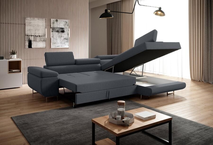 Geen merk Hoekbank Sella rechts hoeksalon met bed en opbergruimte Hoekzetel met slaapfunctie en storage Donkergrijs structuurstof