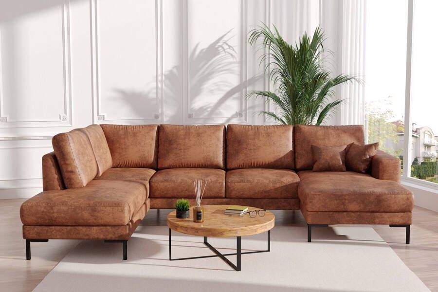 Geen merk Hoekbank Silvia U Micro afkuisbare stof Vintage Bruin Hoeksalon U vormig wooneiland Rechtse kort ottomane