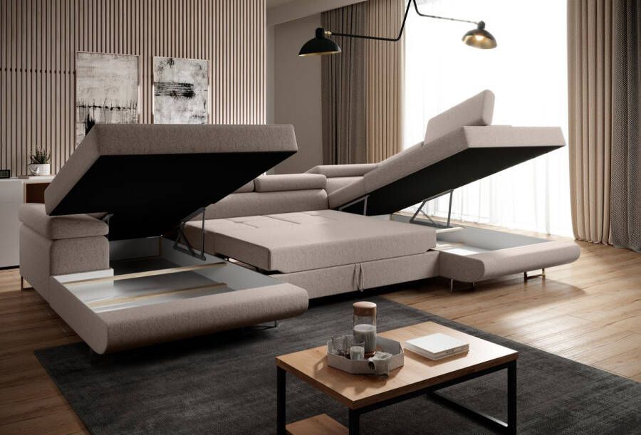 Zetelsenbedden.be Hoekbank U vorm Willy Hoeksalon microvezel pet proof Beige hoekzetel met bedfunctie en dubbele opbergruimte Wooneiland XL