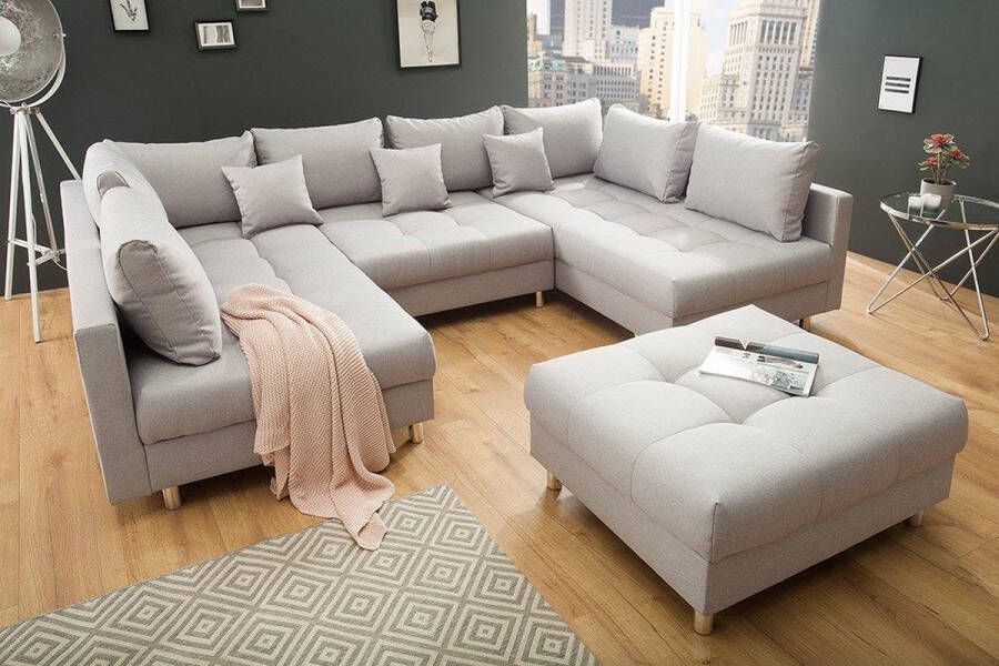 Geen merk Hoekbank Zenith wooneiland Beige Hoeksalon met poef hocker U vorm betaalbare zitbank en sofas