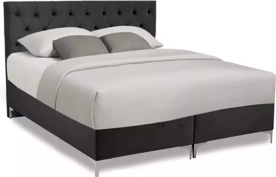 Geen merknaam SleepProfit Velvet Boxspring 140x210 Knopen Velvet Antraciet Pocketvering matras Bonellvering onderstel