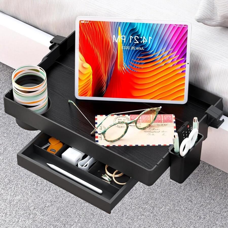Geen ophangmethode Opvouwbare nachtkastplank met lade clip op nachtkastje voor bed bekerhouder koordhouder college slaapzaal organizer zwart