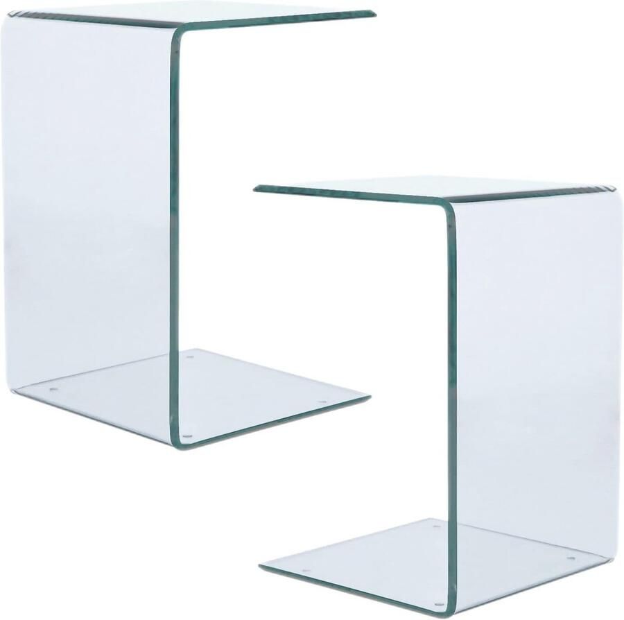 Geenmerk Slanke glazen bijzettafel set van 2-delige C-vormige bijzettafel voor woonkamer helder gehard glas nachtkastje set voor slaapkamer kleine ruimtes
