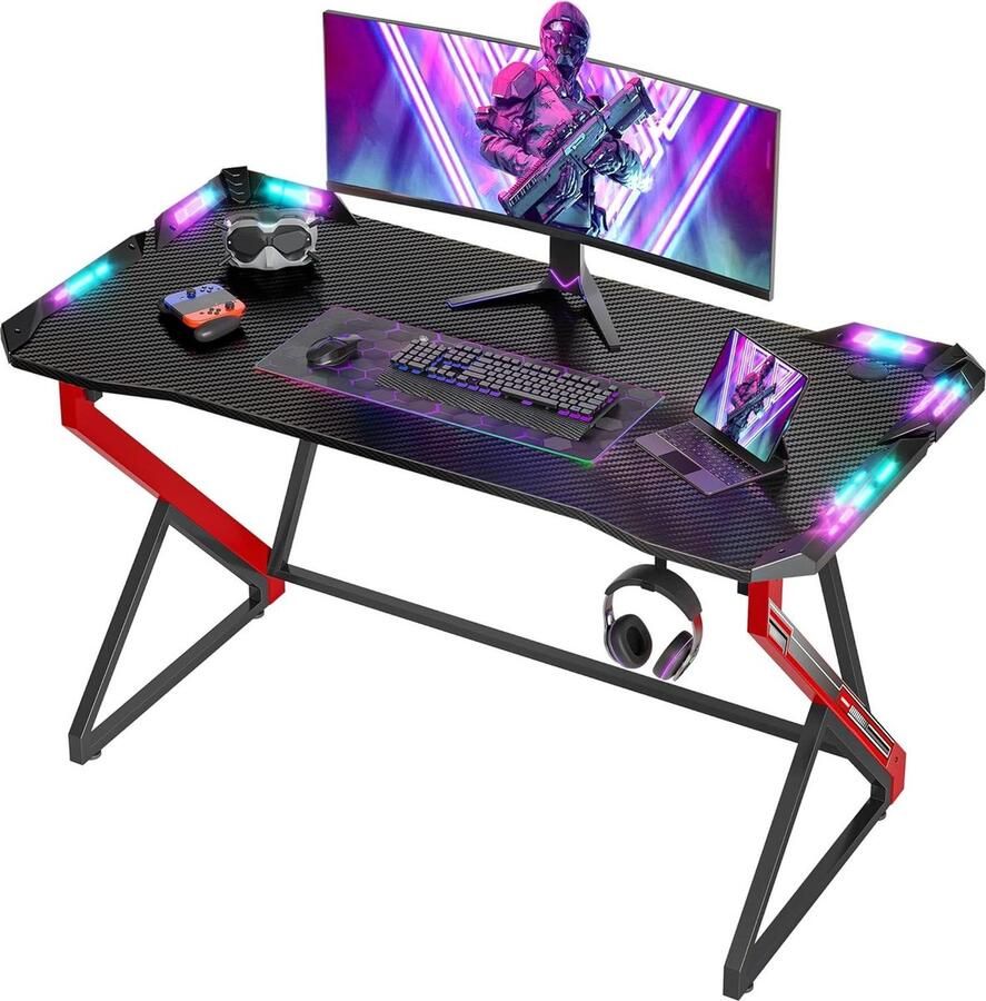 Geld.nl Hoekbureau Gaming Bureau LED Pantser Ergonomisch 120x60cm Koolstofvezel Z Frame Stabiel Hoofdtelefoonhaak Eenvoudig te Monteren Spelen Studeren Werken Thuis Kantoor Hoekbureau