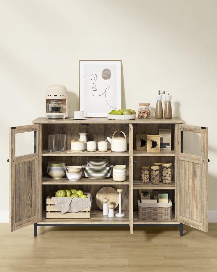 Geneey Industrial Keukenkast met Glazen Deuren – Dressoir & Opbergkast – Staal & Hout – Turquoise Bruin Zwart – 100x35x75 cm – Moderne Industriële Kast voor Woonkamer Eetkamer & Keuken