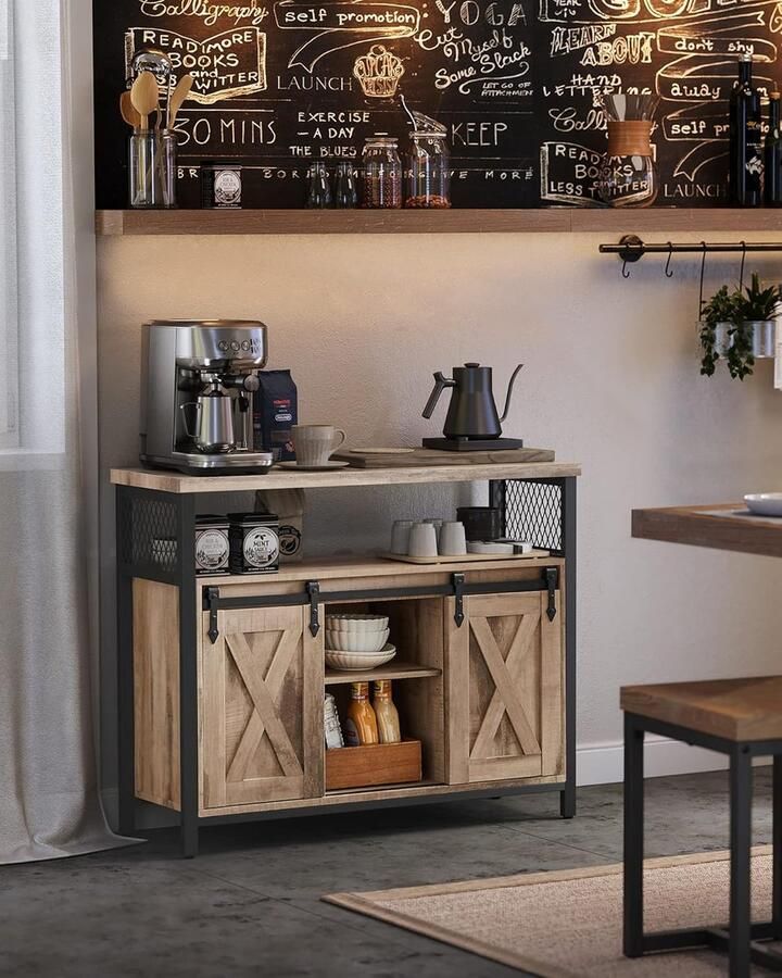 Geneey RusticLine Houten Dressoir met 2 Schuifdeuren – Industrieel Keukenkastje 100x33x80 cm – Met Verstelbare Planken & Metaal Frame – Landelijke Opbergkast voor Keuken Woonkamer of Hal – Naturel Hout & Zwart – VASAGLE Stijl