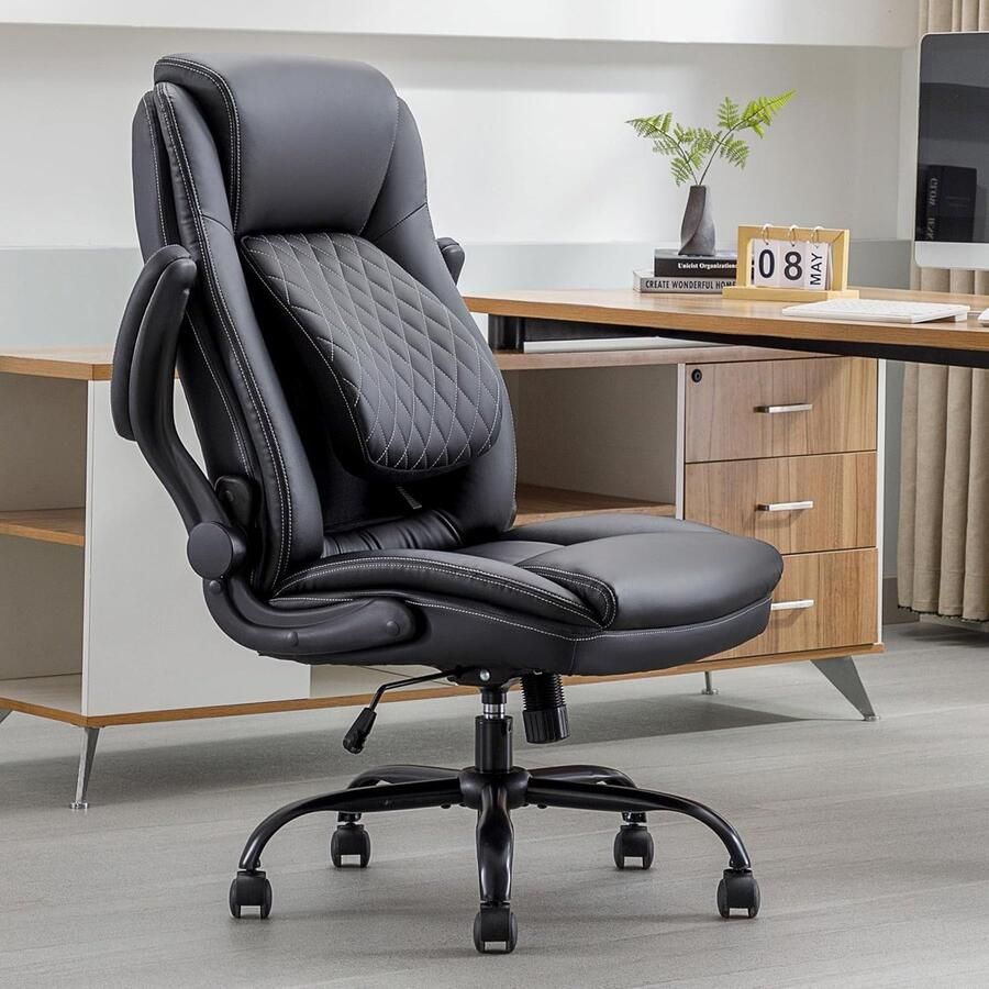 Generic Executive bureaustoel leren bureaustoel omkeerbare armleuningen lendensteun ergonomisch computerbureaustoel met hoge rugleuning voor thuiskantoor zwart