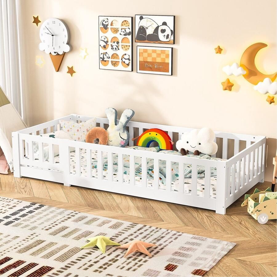 Generic Kinderbed met uitvalbescherming 90 x 200 cm Kinderbedden incl. lattenbodem Wit Grenenhout – Massief hout voor meisjes en jongens