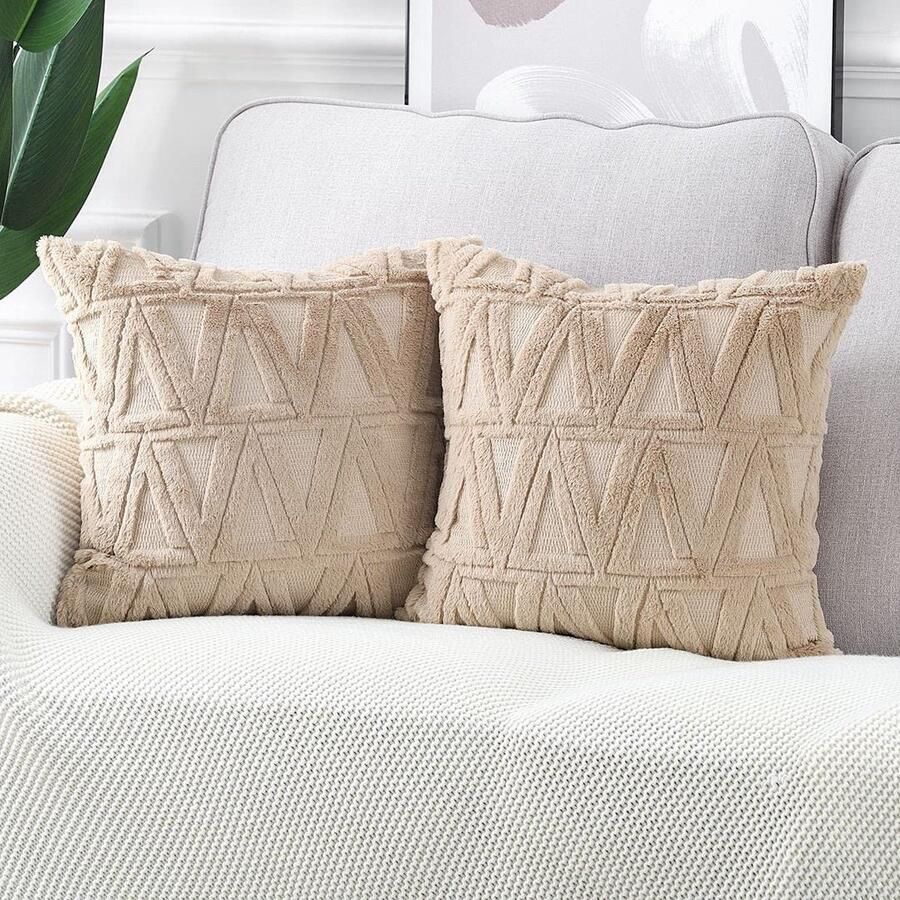 Generic Set van 2 zachte pluche korte wollen fluwelen decoratieve sierkussenhoezen luxe stijl kussenhoes kussensloop voor slaapbank slaapkamer vierkant wit 18x18 inch kaki