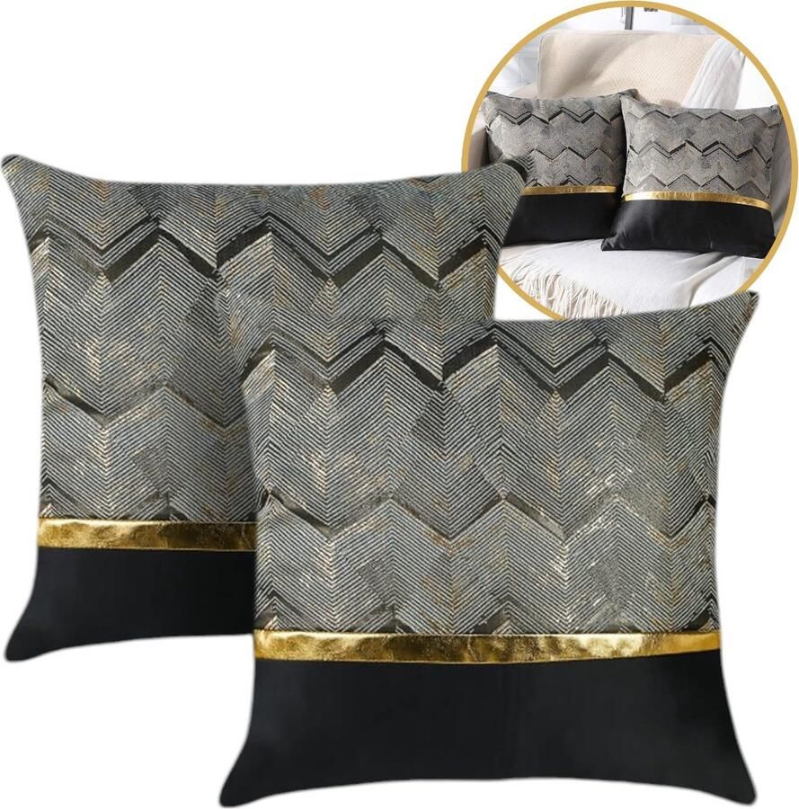 Generic Set van 2 zwart lederen kussenslopen gouden gestreept patchwork jacquard kussenhoes luxe moderne vierkante kussenhoes decoratieve slaapbank woondecoratie bank woonkamer slaapkamer 45 cm x 45 cm zwart