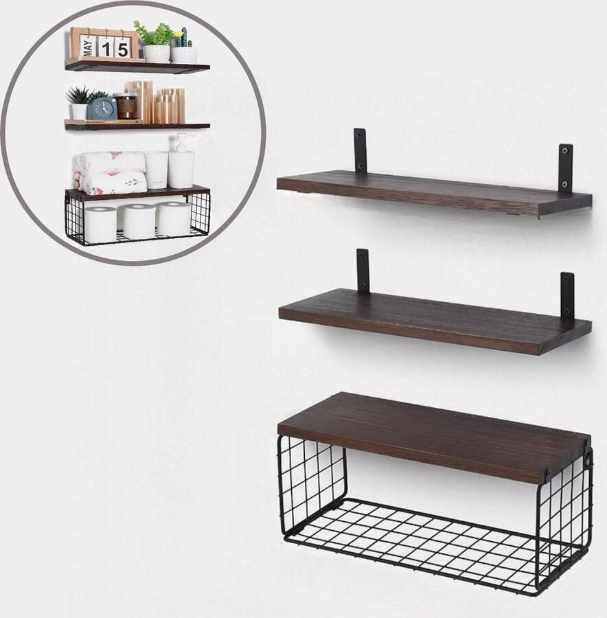 Generic Zwevende planken voor de badkamer met draadopbergmanden Zwevende planken Draadopbergmanden Badkamerwandplanken Toilet Badkameropbergplanken Wanddecoratie Wandrek Massief grenen Bruin 40 5 cm X14 5 cm X 14 5 cm