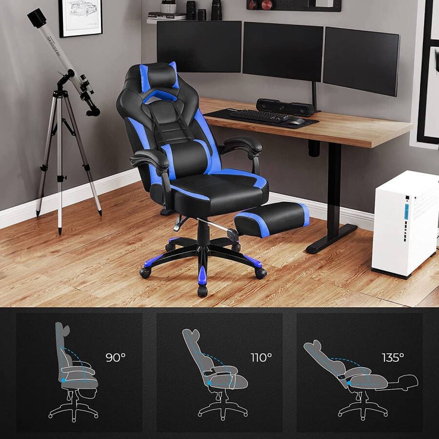 Generic Luxe Ergonomische Gaming Chair Bureaustoel Met Voetsteun & Kantelmechanisme Lendekussen & Hoofdkussen Ergonomische Luxe Racing Style Design Game Computer Stoel Voor Gamen Kantoor Thuiswerken Kunstleer Zwart Grijs