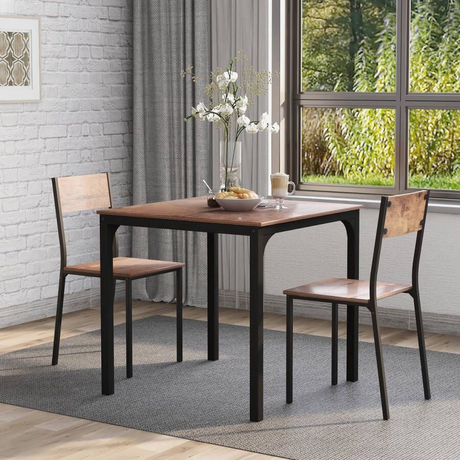 Generic ModernLuxe Eettafel en stoelenset Keukenmeubilair Stevige tafel en metalen poten (rustieke bruine tafel en 2*rustieke bruine stoelen) Eetkamerset eettafel met 2 stoelen voor balkon eetkamer en woonkamer