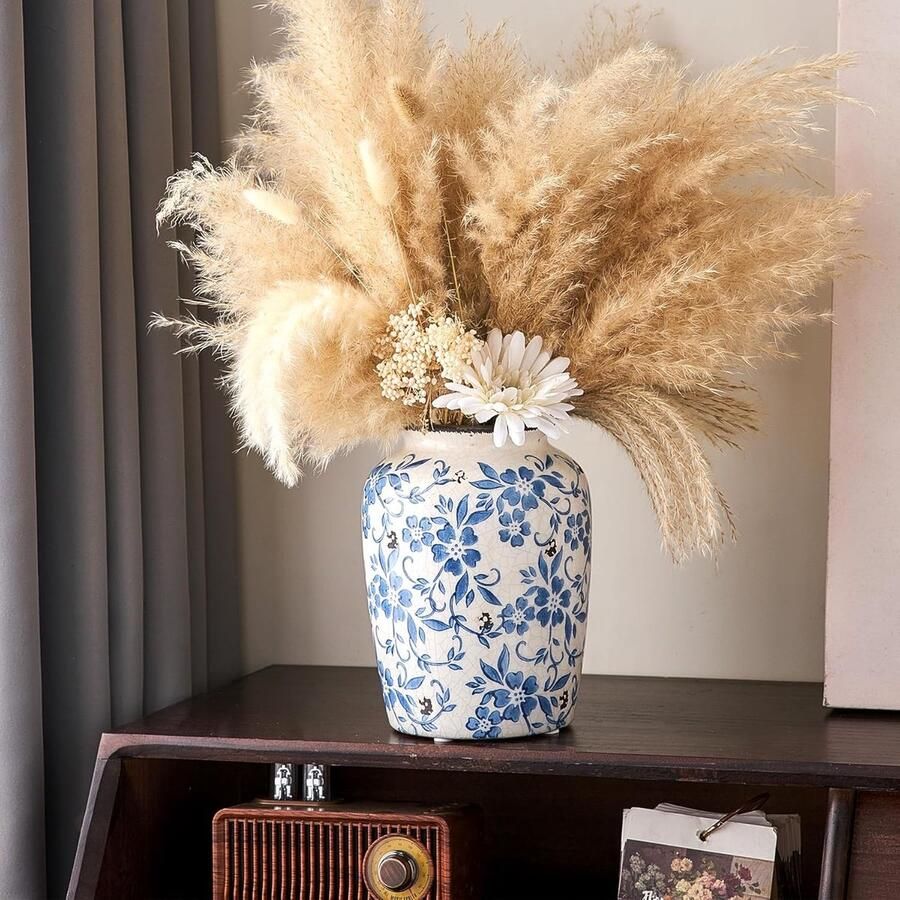 Genric Keramische vaas blauw-wit voor pampasgrasdecoratie chinoiserie vazen bloemenvaas voor huis woonkamer boekenkast tafeldecoratie