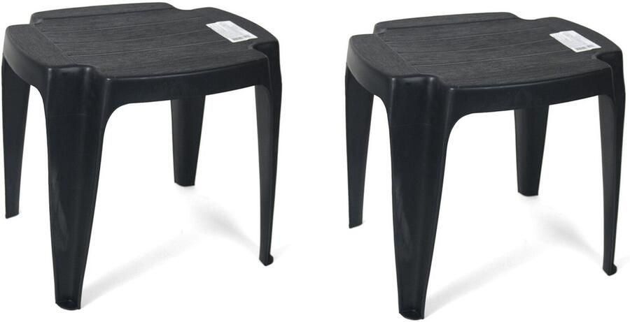 Gerimport Set van 2x stuks kunststof bijzettafels krukjes voetenbankjes voor in de tuin zwart 42 x 37 x 38 cm