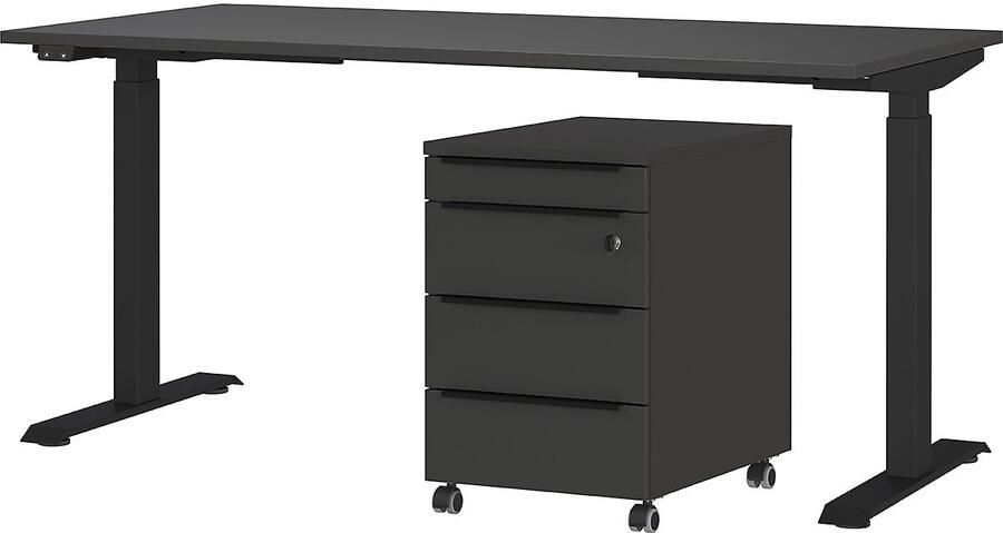 Germania Bureau en ladekast met slot Hermoso 217x80x72-118cm elektrisch verstelbaar Grafiet Bureautafels Antraciet Metaal; Spaanplaat