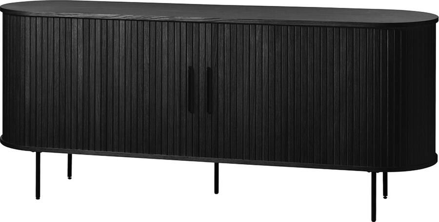 Gewoonstijl Olivine Lenn Dressoir Zwart Eiken Hout met Schuifdeuren Verstelbare Planken Ovaal Industrieel Opbergkast 180 x 45 x 76 cm