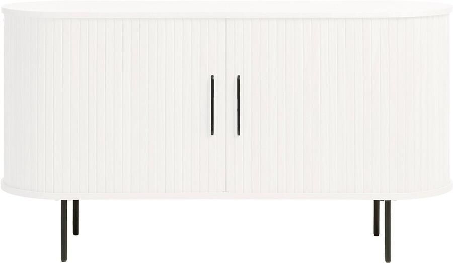 Gewoonstijl Olivine Lenn Houten Kast Wit Ovaal met Schuifdeuren Verstelbare Planken Zwarte Metalen Poten Dressoir Modern 100 x 40 x 118 cm