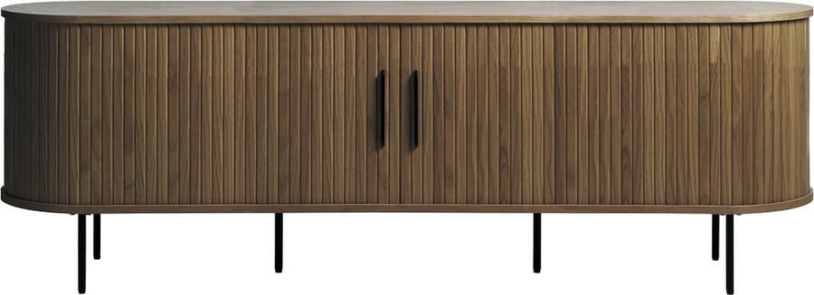 Gewoonstijl Olivine Lenn Houten Tv Meubel Gerookt Eiken Ovaal met Schuifdeuren Zwarte Poten Lowboard Donkerbruin Walnoot Tv Kast 180 x 40 x 56 cm