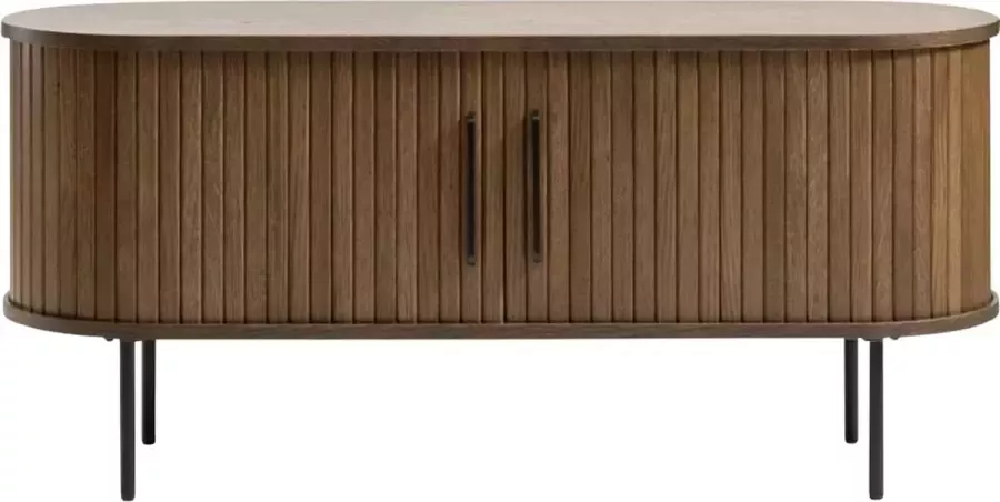 Gewoonstijl Olivine Lenn TV Meubel Gerookt Eiken Hout met Schuifdeuren TV kast Verstelbare Planken Ovaal Japandi Donkerbruin 120 x 40 x 56 cm
