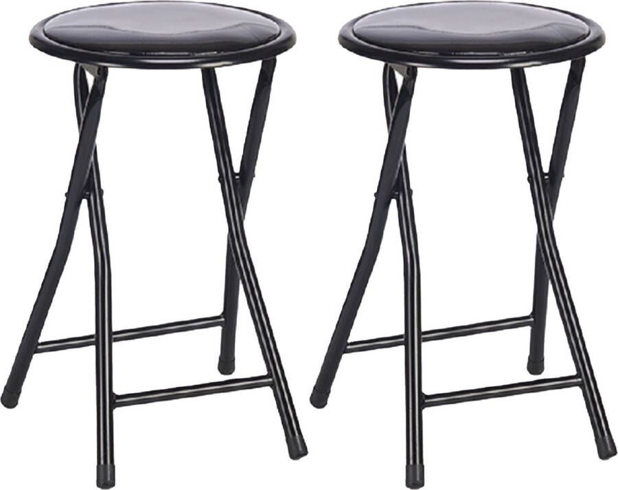Giftdeco r Bijzet krukje stoel 2x Opvouwbaar zwart metaal pvc D30 x H45 cm Krukjes