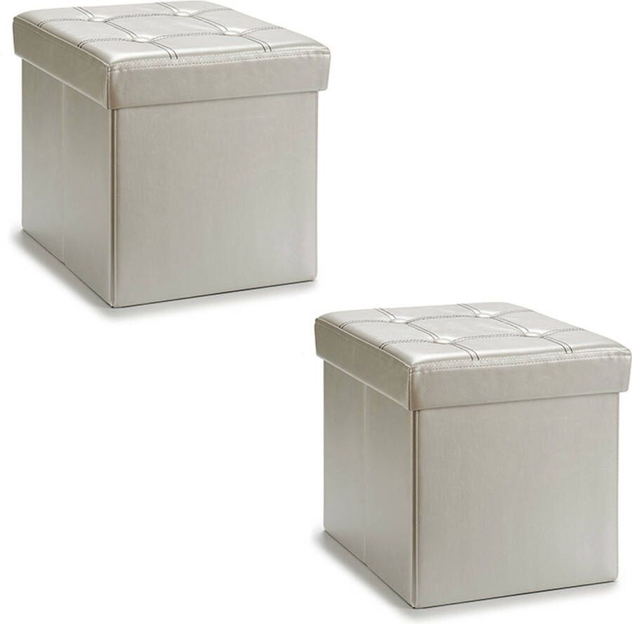Giftdeco r Poef Square BOX 2x hocker opbergbox zilvergrijs polyester mdf 31 x 31 cm opvouwbaar Poefs - Foto 1