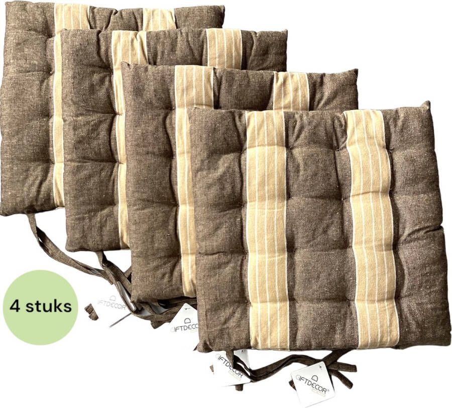 Giftdecor Stoelkussens 4 stuks Inclusief verzendkosten 40x40 cm Zitkussens Eetkamer Eetkamerstoel Tuinstoel Bruin Creme Beige Wit Gestreept Strepen Landelijk Tuin
