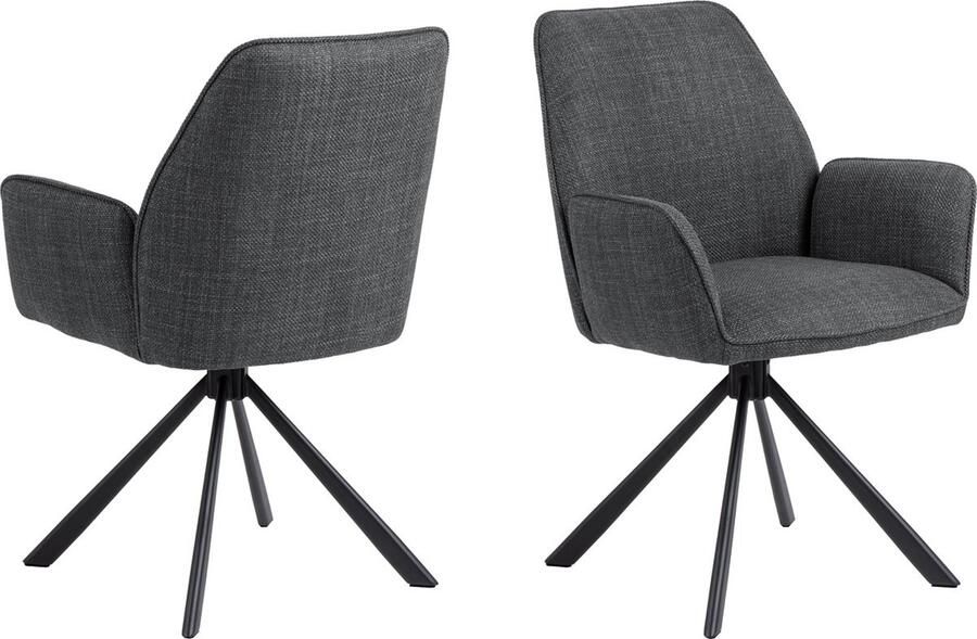Hioshop 2 x Glary eetkamerstoel met armleuningen draaifunctie grijs.
