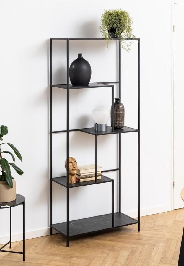 Hioshop Infinity wandkast 4 planken marmer decor zwart.