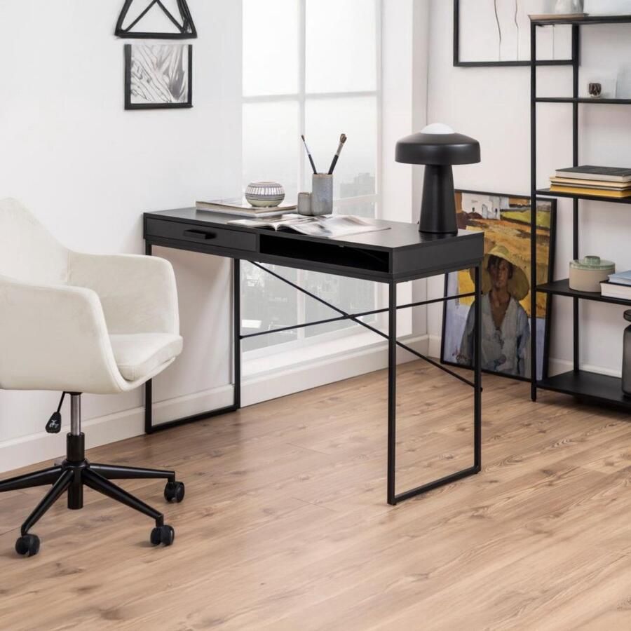 Actona Bureau Dover 110cm met opberglade zwart esdecor Bureautafels Zwart Melamine; MDF; Staal Bureautafels - Foto 2