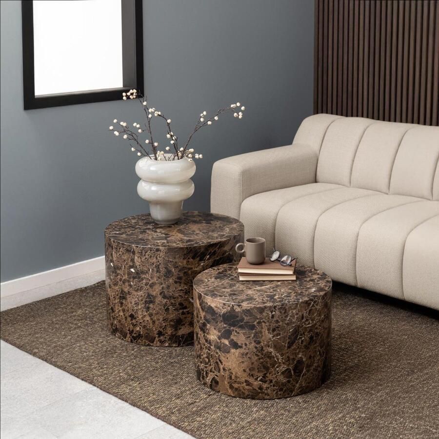 Bendt Salontafel Flavian Marmerlook Set van 2 stuks Bruin Rond