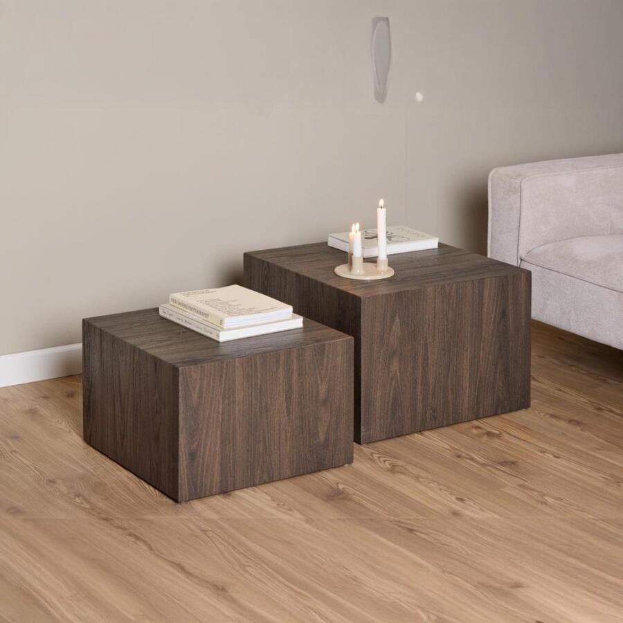Bendt Salontafel Flavian Essenlook Set van 2 stuks Bruin Vierkant
