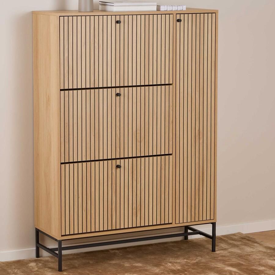 Emob Schoenenkast Albany 99x35x140cm 4 deuren eikdecor Schoenenkasten Bruin Melamine; MDF Schoenenkasten Op voorraad