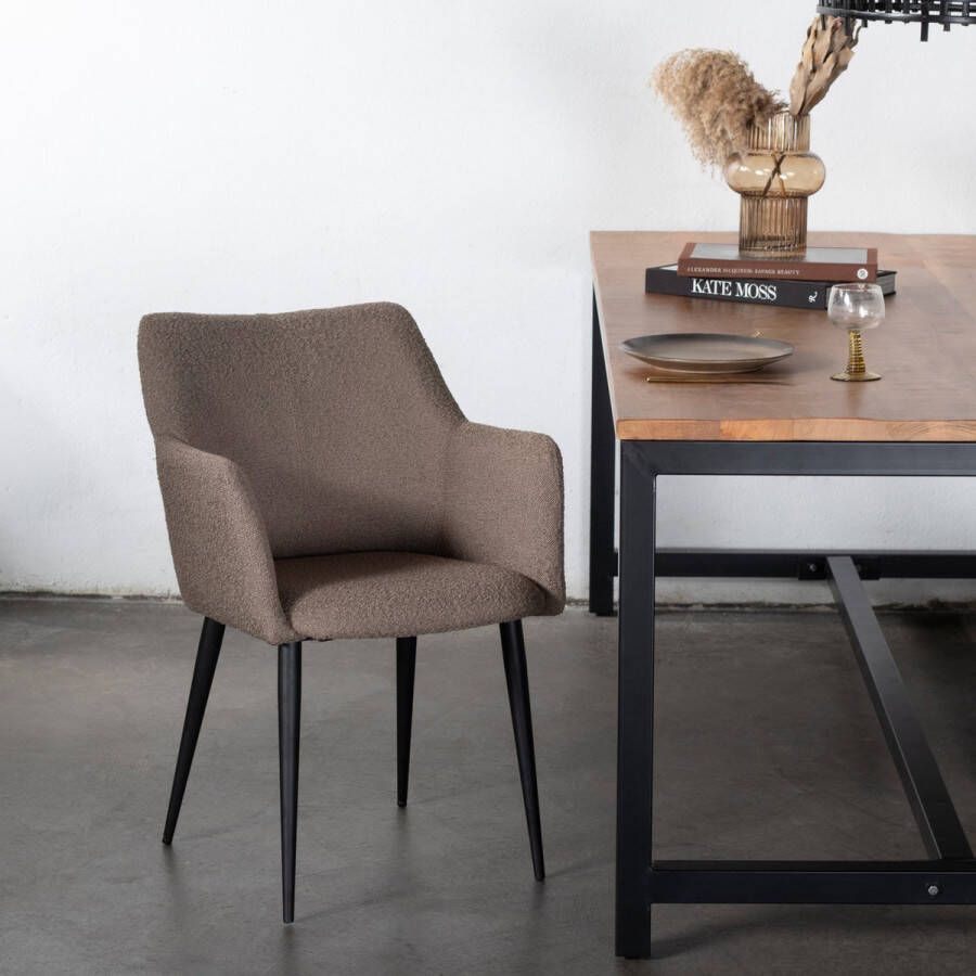 Giga Meubel Eetkamerstoel Bouclé Bruin Metalen Onderstel Stoel Ellis Set van 2