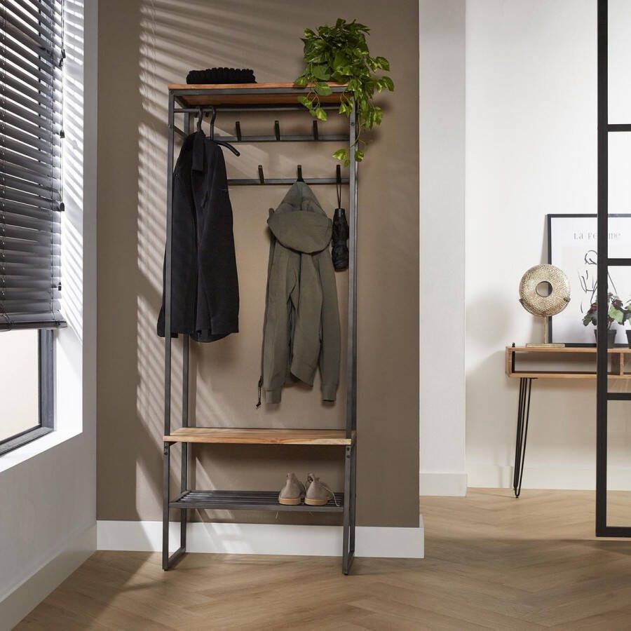 Giga Meubel Garderobemeubel Naturel Acaciahout & Metaal 70x35x182cm Garderobemeubel Edge Roede