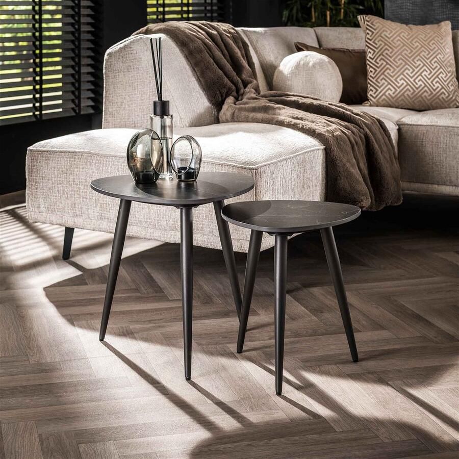 Giga Meubel Bijzettafel Driehoekig Zwart Keramiek Set Van 2 46x46x45cm