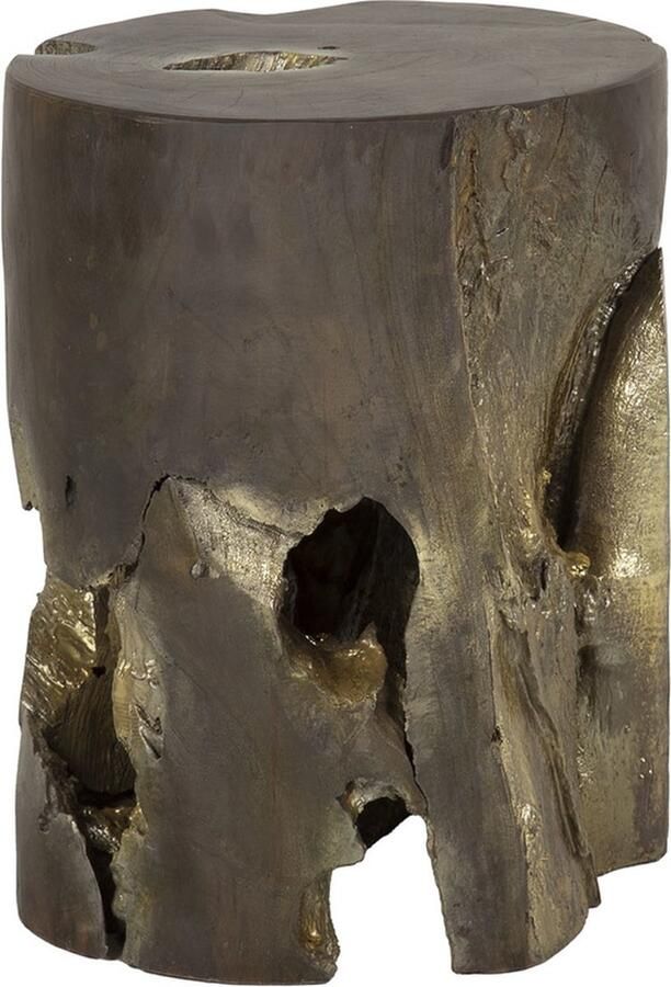 Giga Meubel Bijzettafel Rond Grijs Goud Teakhout 35x35x40cm
