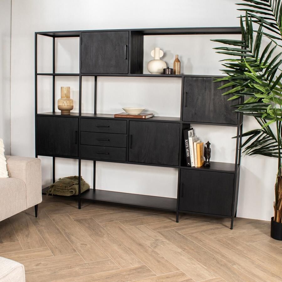 Giga Meubel Boekenkast industrieel Zwart 220cm Wandkast Shaquille