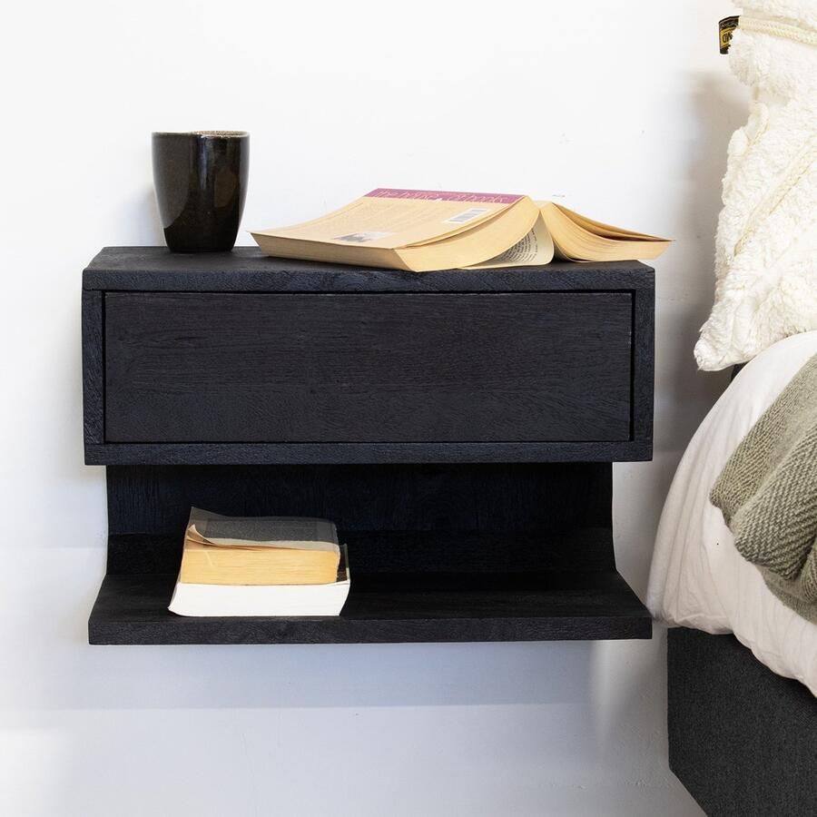 Giga Meubel Nachtkastje Hangend Tessa Zwart Mangohout 45x30x30cm