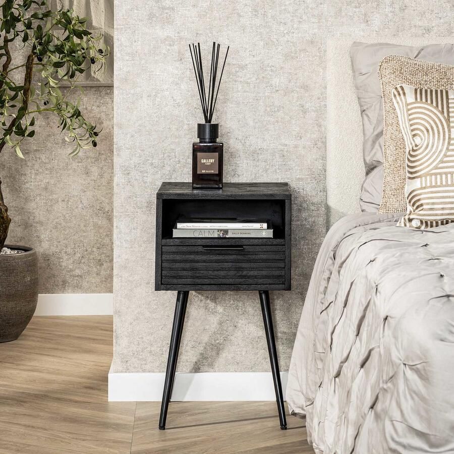 Giga Meubel Nachtkastje Zwart Mangohout 1-Lade 35x35x60cm - Foto 2